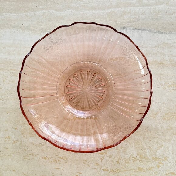 Mayfair Open Rose Pink Depression Glass Serving Bowl Floral Etched Pattern Vinta - Picture 3 of 9